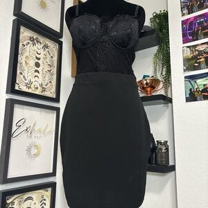 HAUTE MONDE Lace Bodycon Midi Dress Sz L Black Stretch Fitted